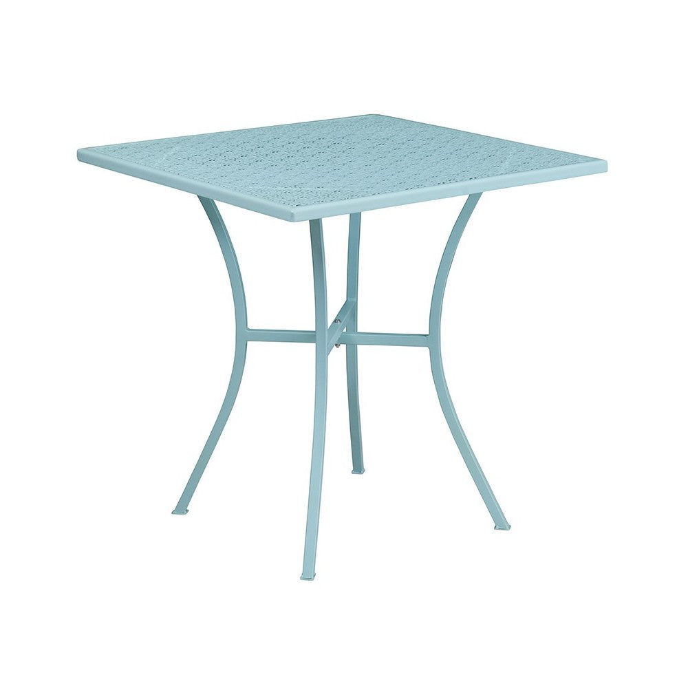 Commercial Grade 28" Square Sky Blue Indoor-Outdoor Steel Patio Table Set with 4 Round Back Chairs