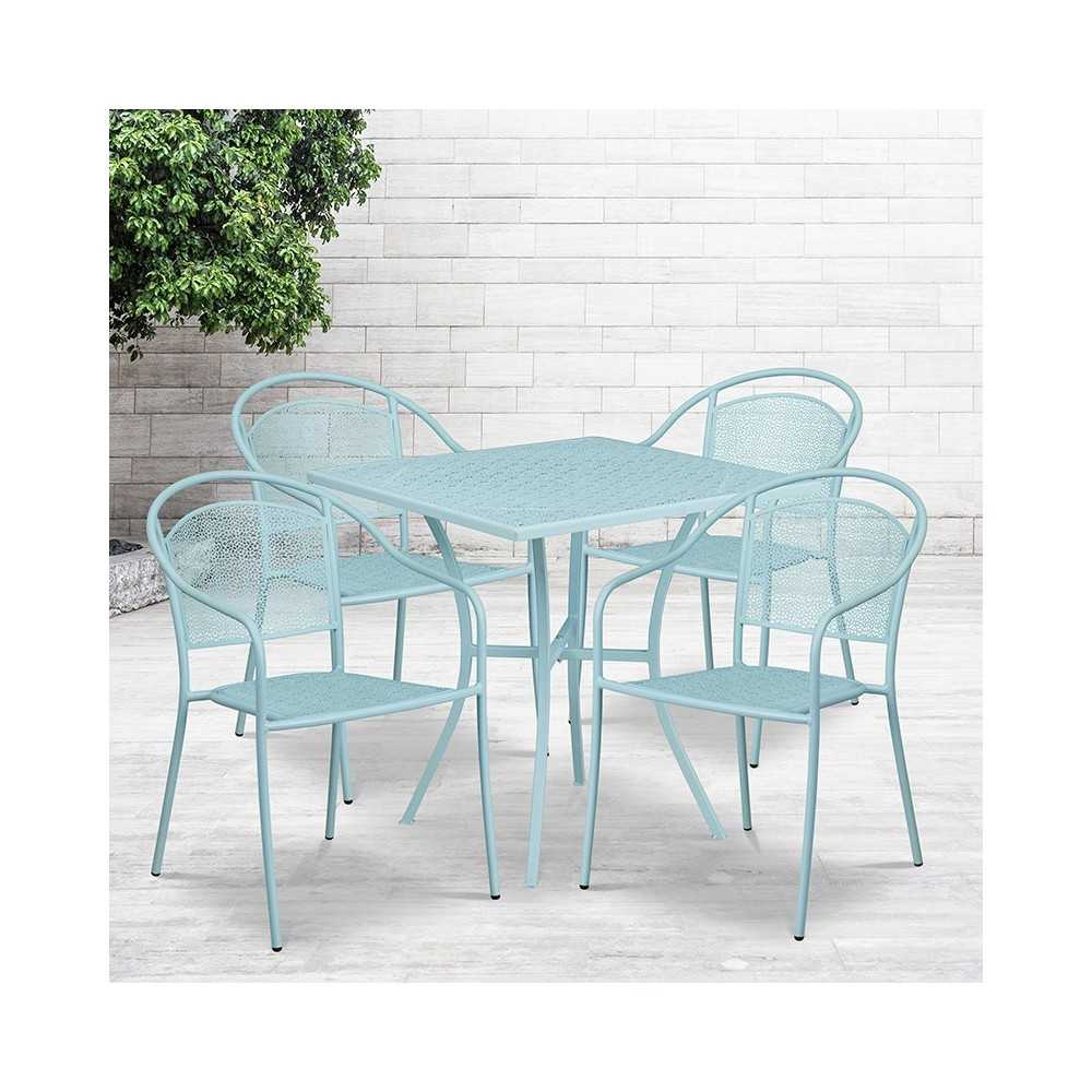 Commercial Grade 28" Square Sky Blue Indoor-Outdoor Steel Patio Table Set with 4 Round Back Chairs