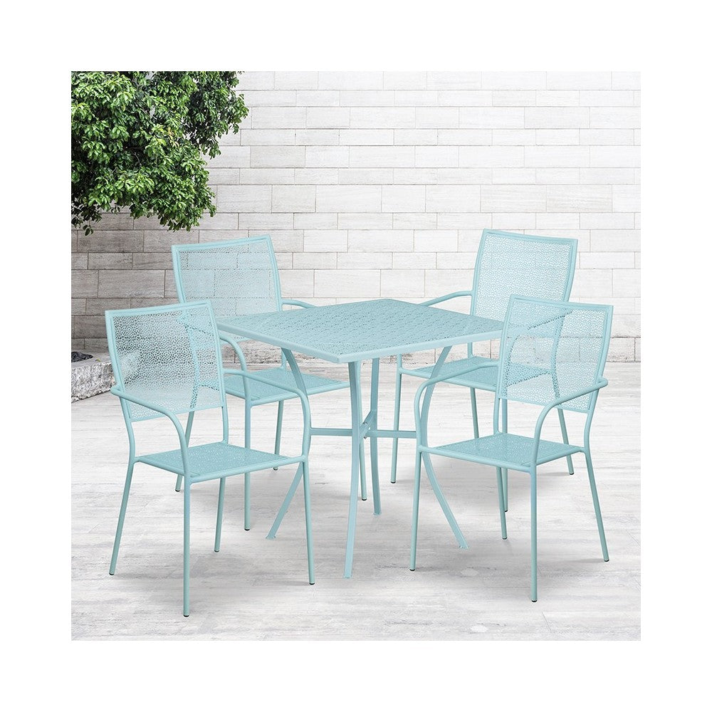 Commercial Grade 28" Square Sky Blue Indoor-Outdoor Steel Patio Table Set with 4 Square Back Chairs