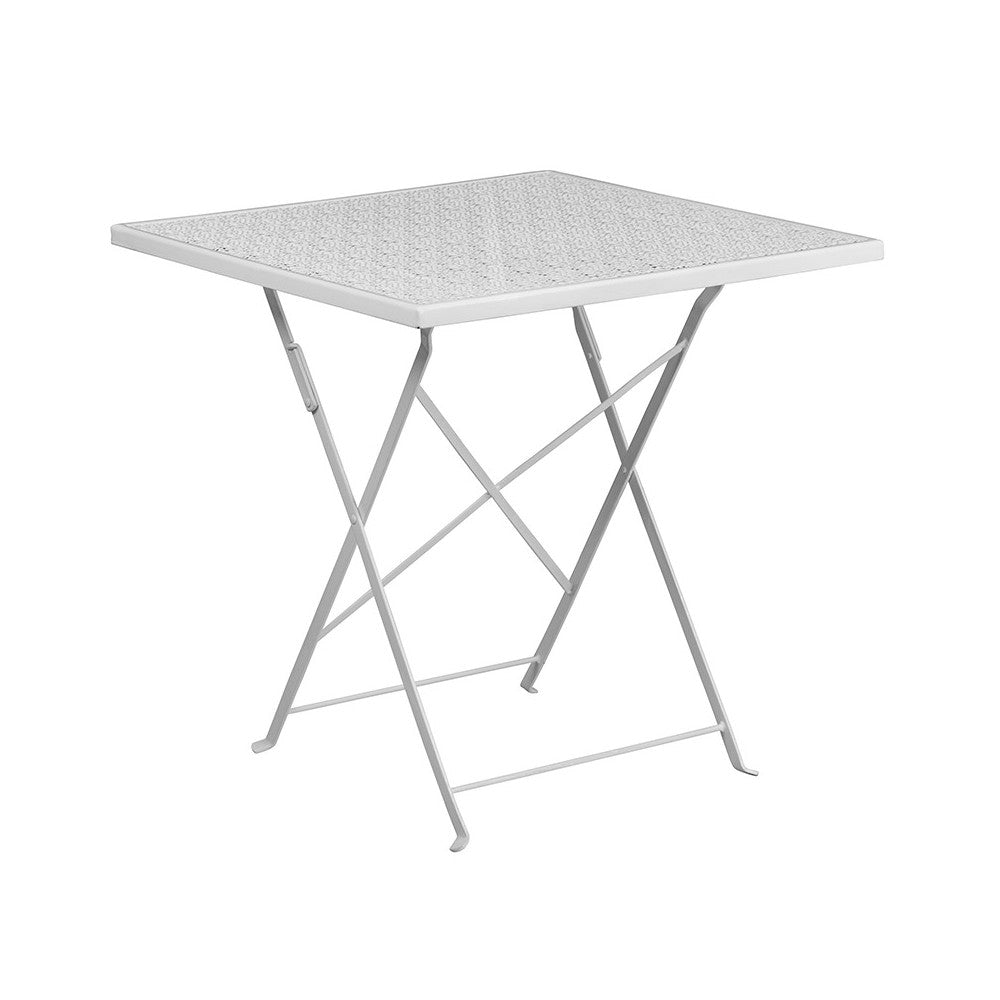 Commercial Grade 28" Square White Indoor-Outdoor Steel Folding Patio Table Set with 2 Round Back Chairs