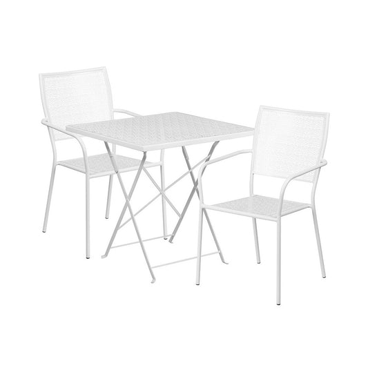 Commercial Grade 28" Square White Indoor-Outdoor Steel Folding Patio Table Set with 2 Square Back Chairs