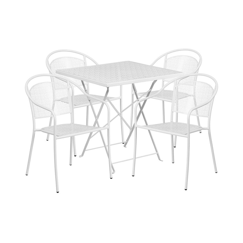 Commercial Grade 28" Square White Indoor-Outdoor Steel Folding Patio Table Set with 4 Round Back Chairs