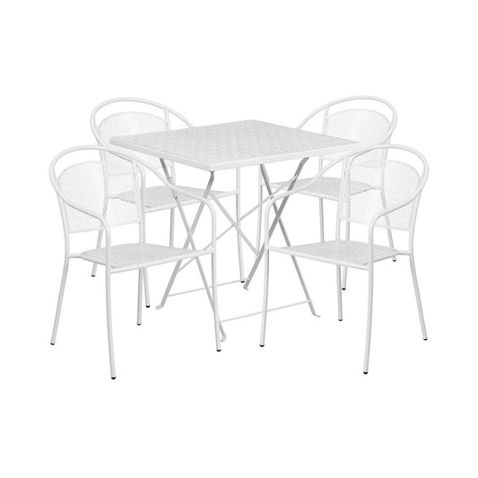 Commercial Grade 28" Square White Indoor-Outdoor Steel Folding Patio Table Set with 4 Round Back Chairs