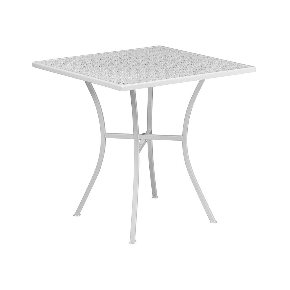 Commercial Grade 28" Square White Indoor-Outdoor Steel Patio Table Set with 2 Round Back Chairs