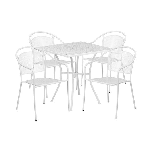Commercial Grade 28" Square White Indoor-Outdoor Steel Patio Table Set with 4 Round Back Chairs