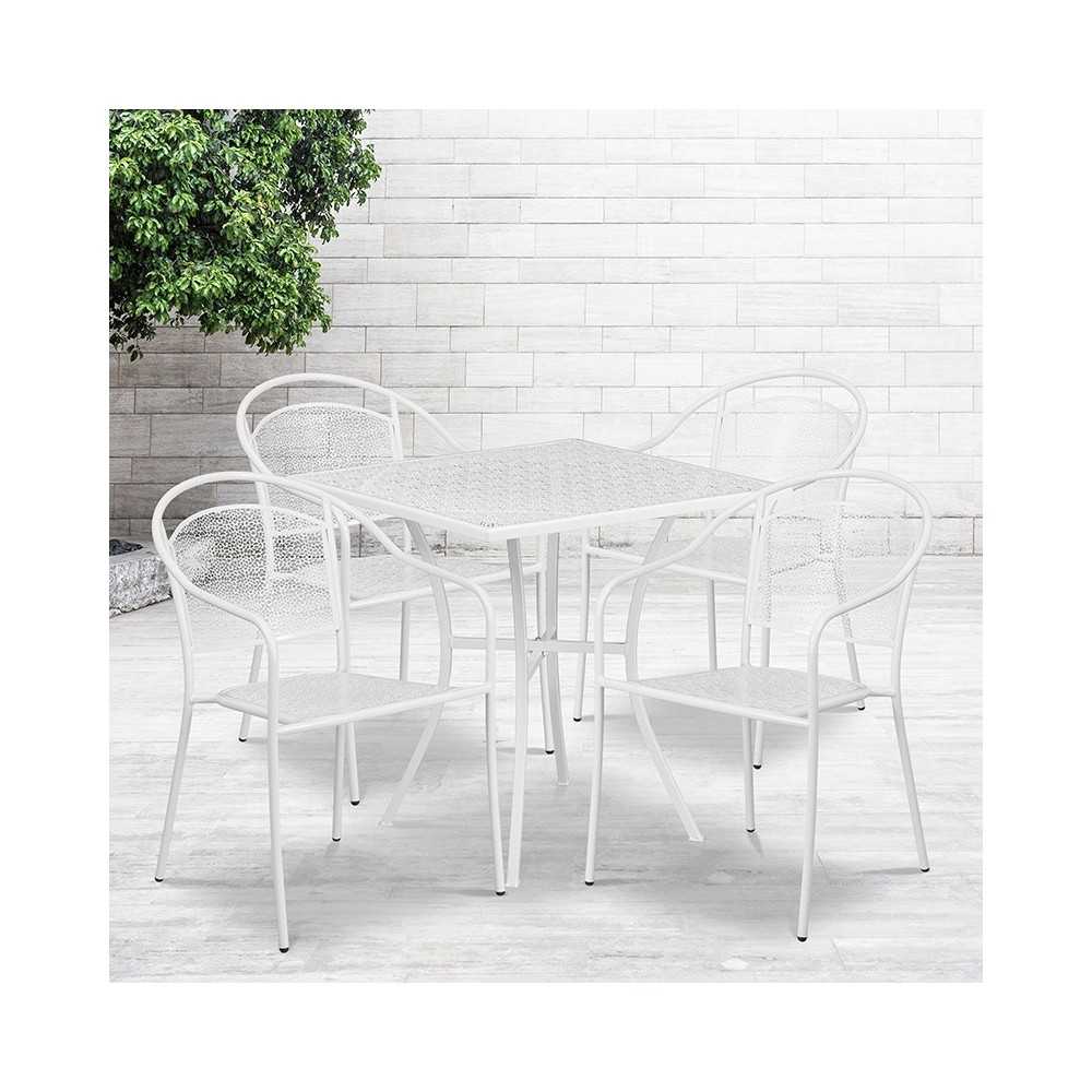 Commercial Grade 28" Square White Indoor-Outdoor Steel Patio Table Set with 4 Round Back Chairs