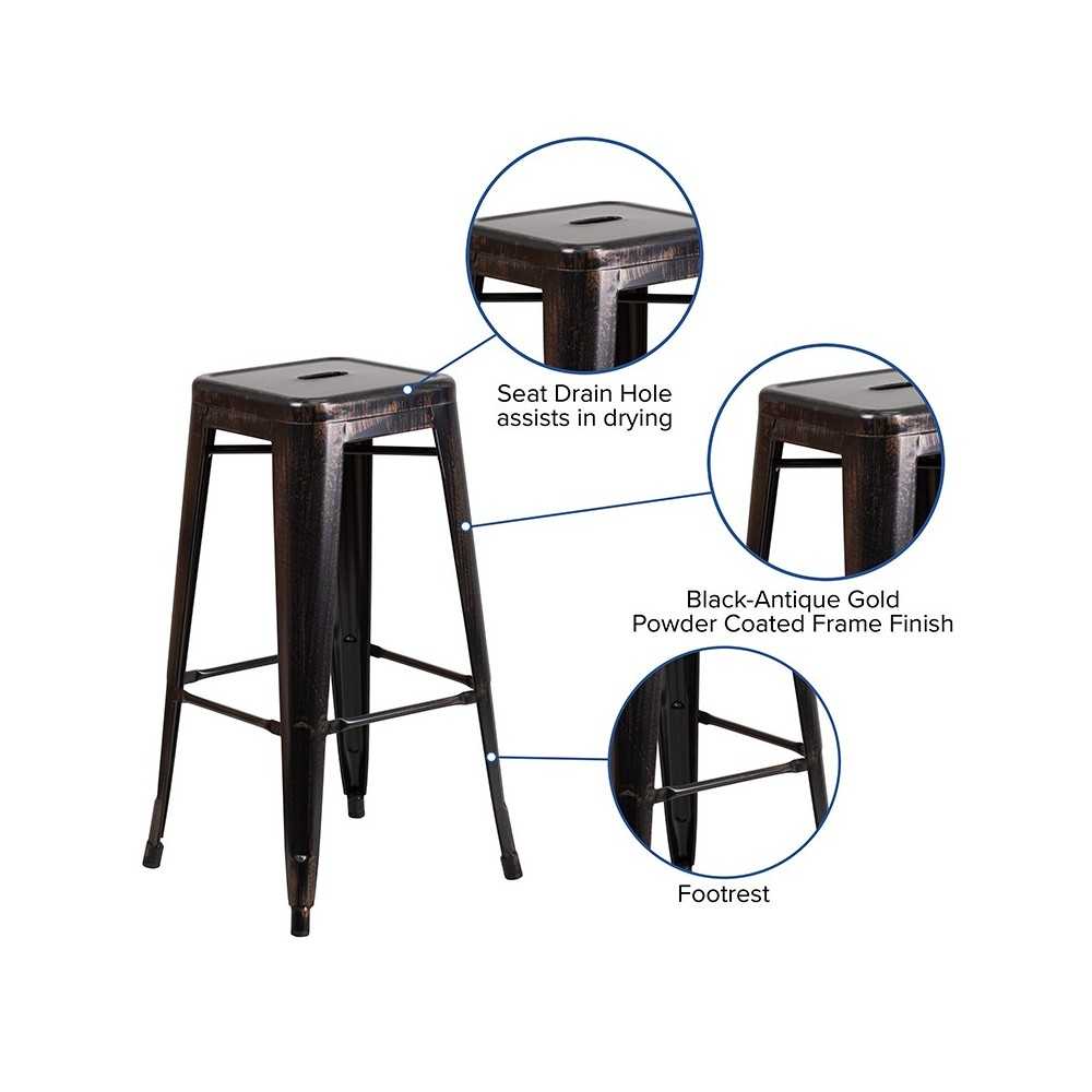 Commercial Grade 30" High Backless Black-Antique Gold Metal Indoor-Outdoor Barstool with Square Seat