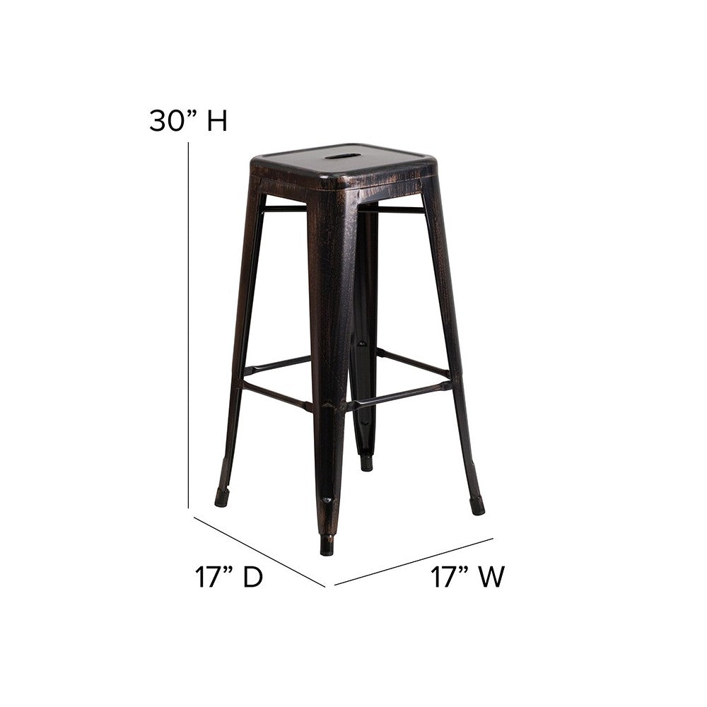 Commercial Grade 30" High Backless Black-Antique Gold Metal Indoor-Outdoor Barstool with Square Seat