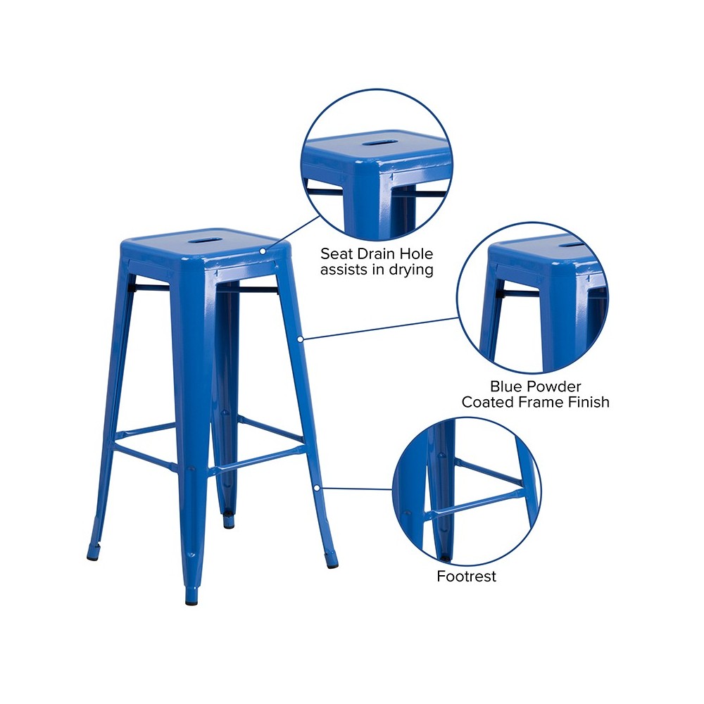 Commercial Grade 30" High Backless Blue Metal Indoor-Outdoor Barstool with Square Seat