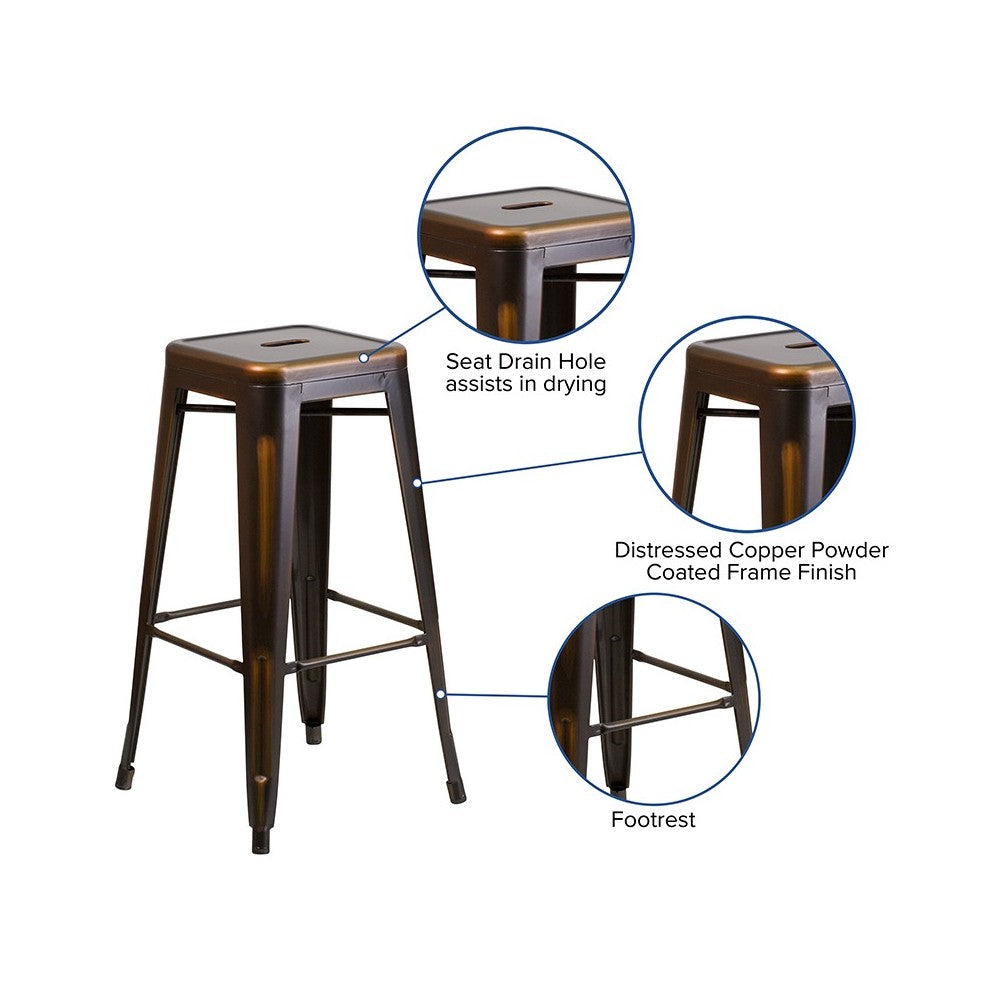 Commercial Grade 30" High Backless Distressed Copper Metal Indoor-Outdoor Barstool