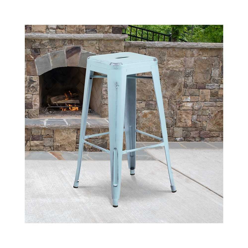 Commercial Grade 30" High Backless Distressed Green-Blue Metal Indoor-Outdoor Barstool