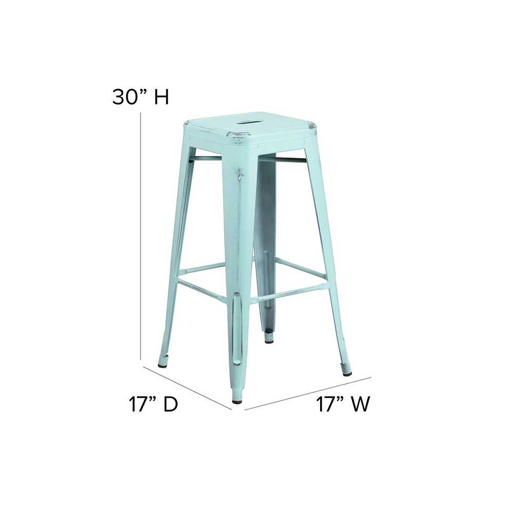 Commercial Grade 30" High Backless Distressed Green-Blue Metal Indoor-Outdoor Barstool
