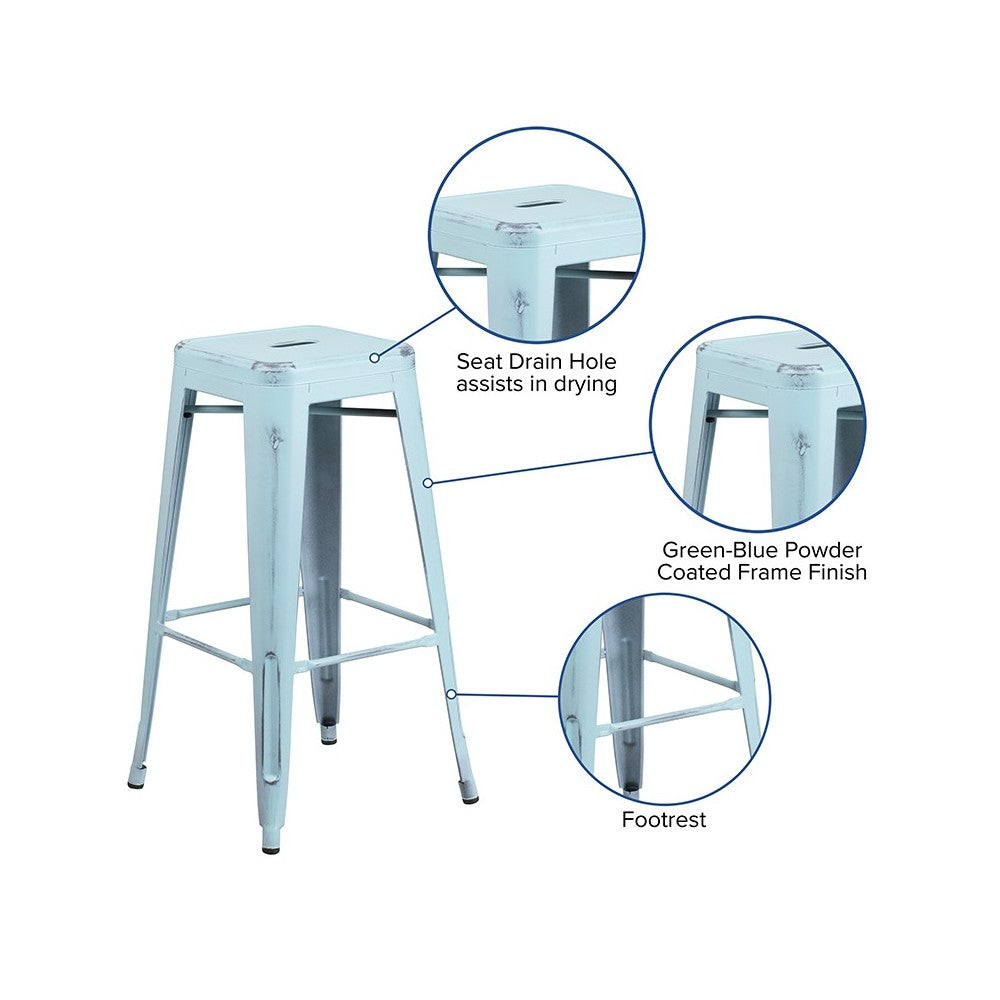 Commercial Grade 30" High Backless Distressed Green-Blue Metal Indoor-Outdoor Barstool