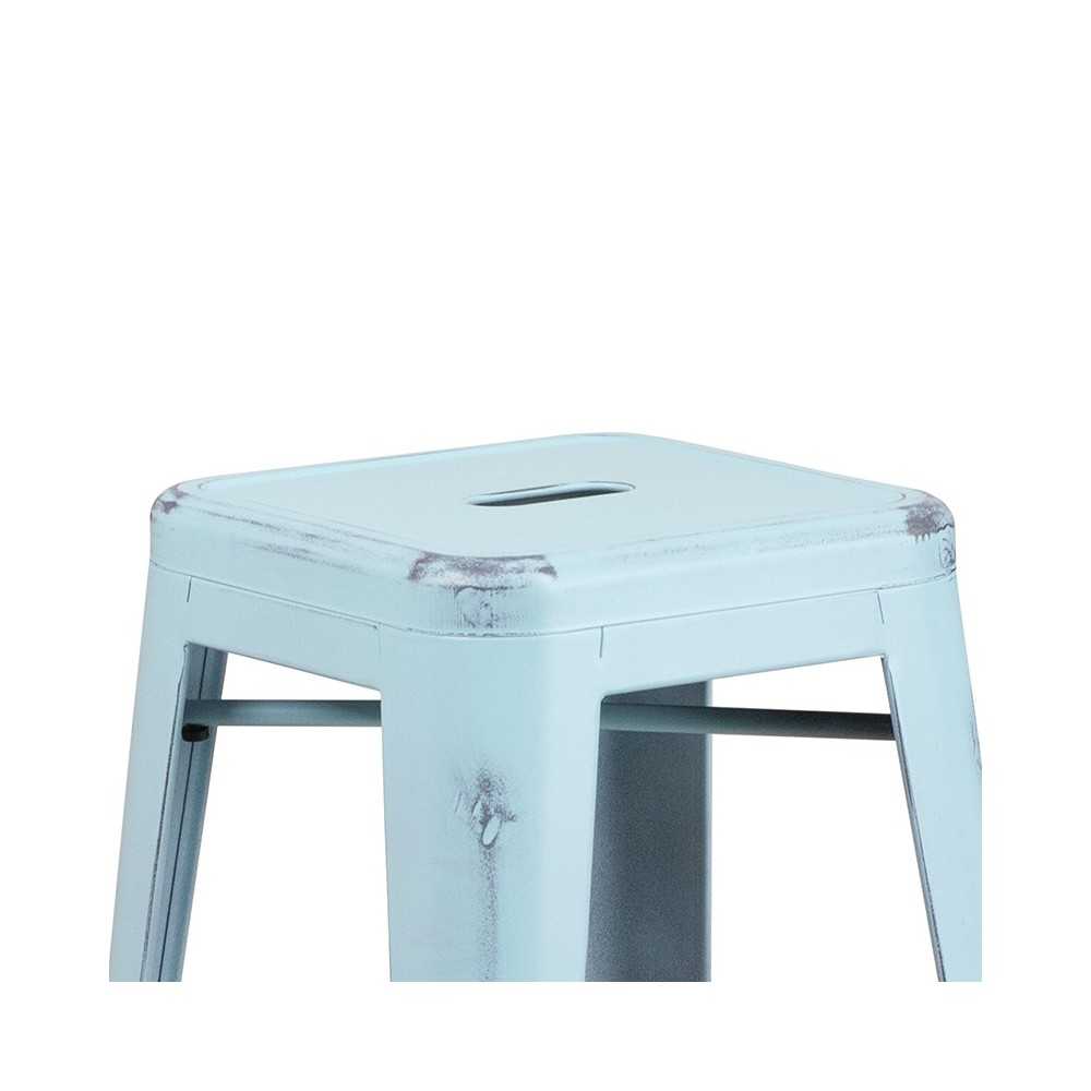 Commercial Grade 30" High Backless Distressed Green-Blue Metal Indoor-Outdoor Barstool