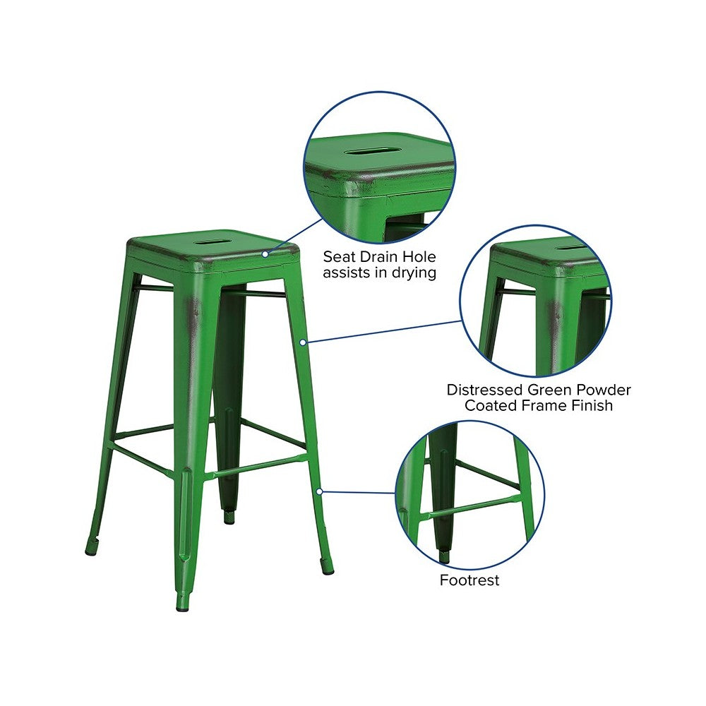 Commercial Grade 30" High Backless Distressed Green Metal Indoor-Outdoor Barstool