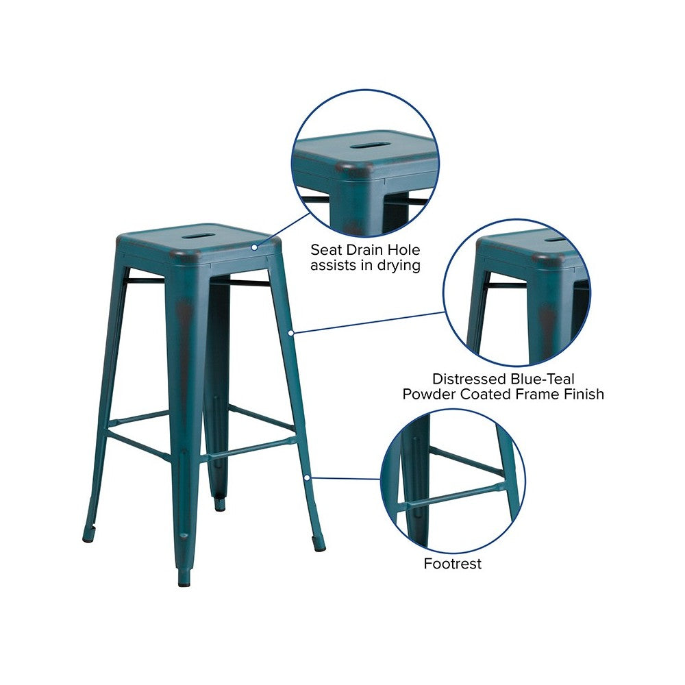 Commercial Grade 30" High Backless Distressed Kelly Blue-Teal Metal Indoor-Outdoor Barstool
