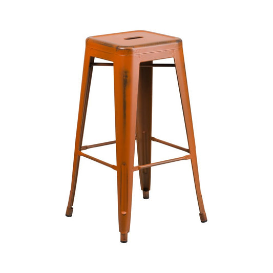 Commercial Grade 30" High Backless Distressed Orange Metal Indoor-Outdoor Barstool