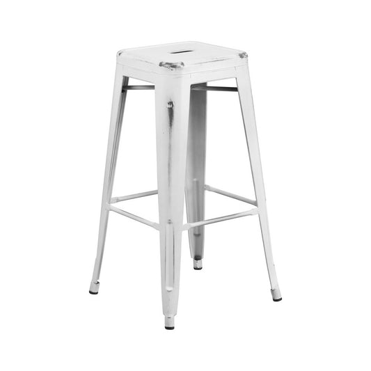 Commercial Grade 30" High Backless Distressed White Metal Indoor-Outdoor Barstool