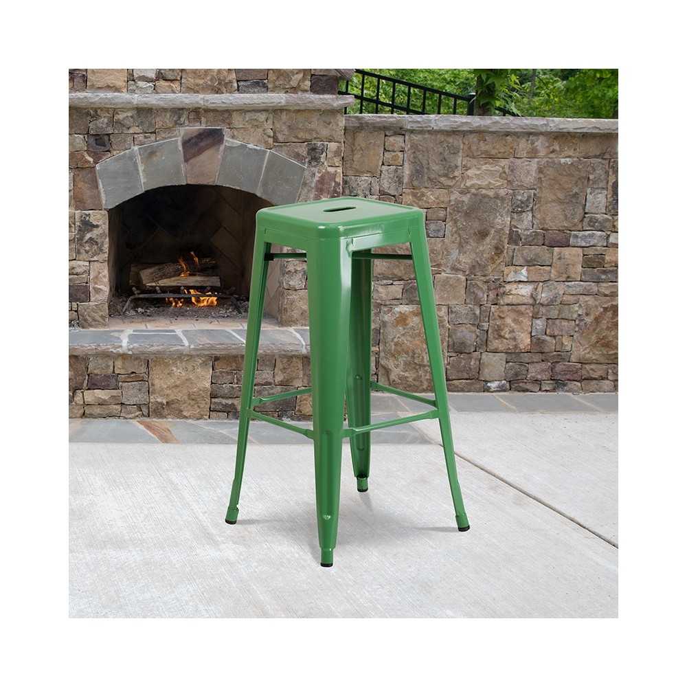 Commercial Grade 30" High Backless Green Metal Indoor-Outdoor Barstool with Square Seat