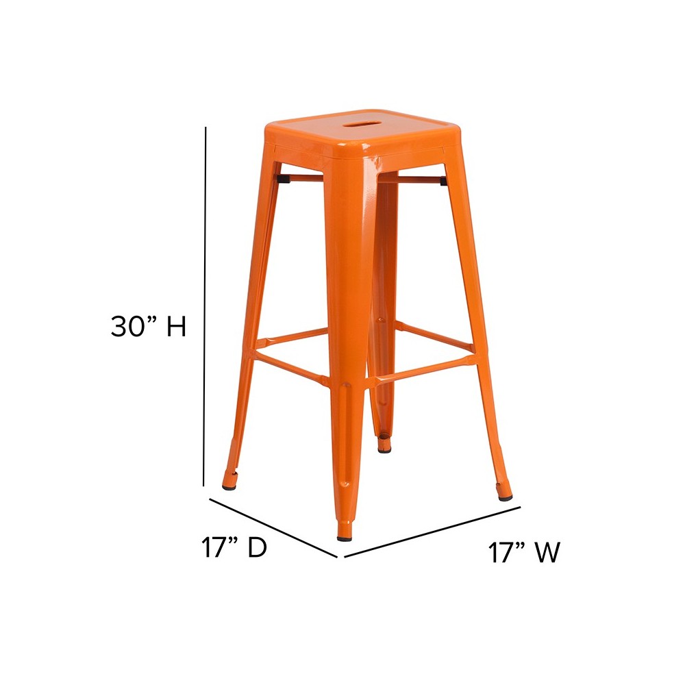 Commercial Grade 30" High Backless Orange Metal Indoor-Outdoor Barstool with Square Seat
