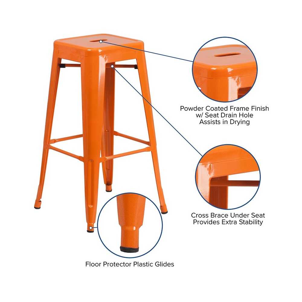 Commercial Grade 30" High Backless Orange Metal Indoor-Outdoor Barstool with Square Seat