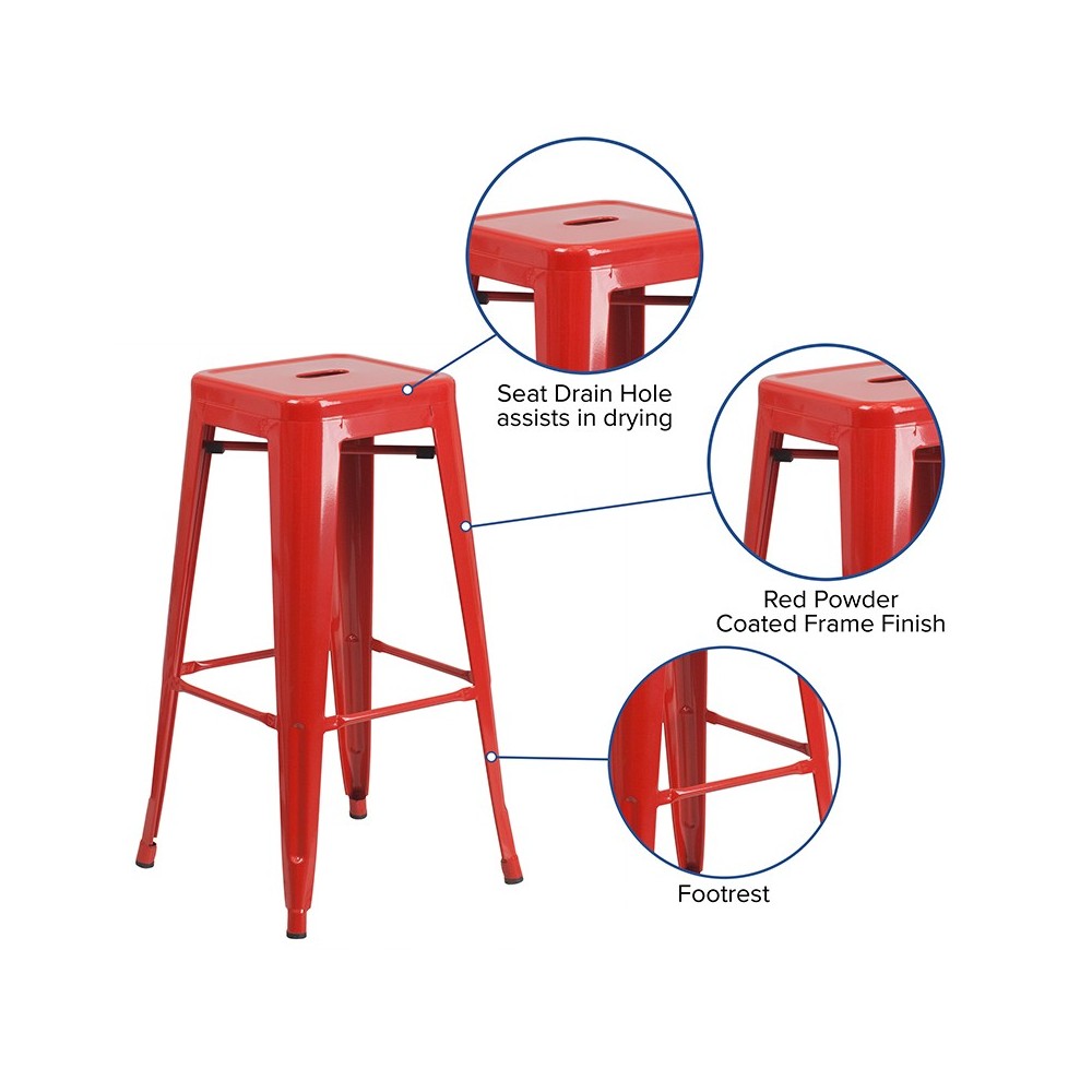 Commercial Grade 30" High Backless Red Metal Indoor-Outdoor Barstool with Square Seat