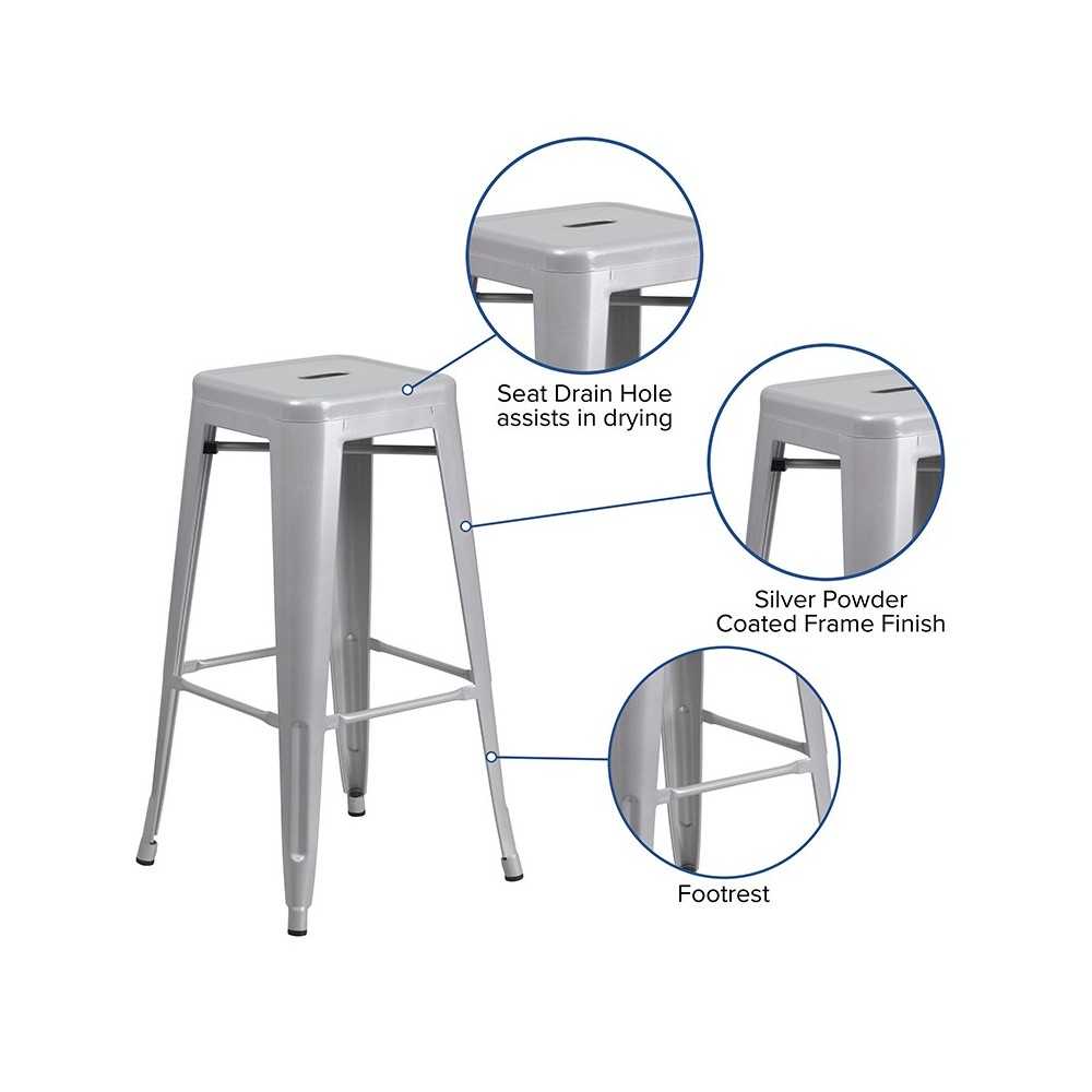 Commercial Grade 30" High Backless Silver Metal Indoor-Outdoor Barstool with Square Seat