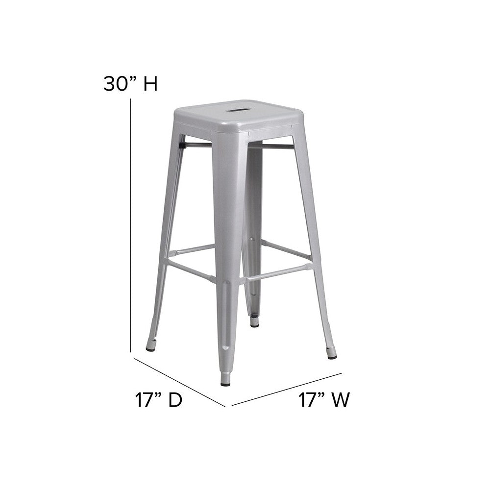 Commercial Grade 30" High Backless Silver Metal Indoor-Outdoor Barstool with Square Seat