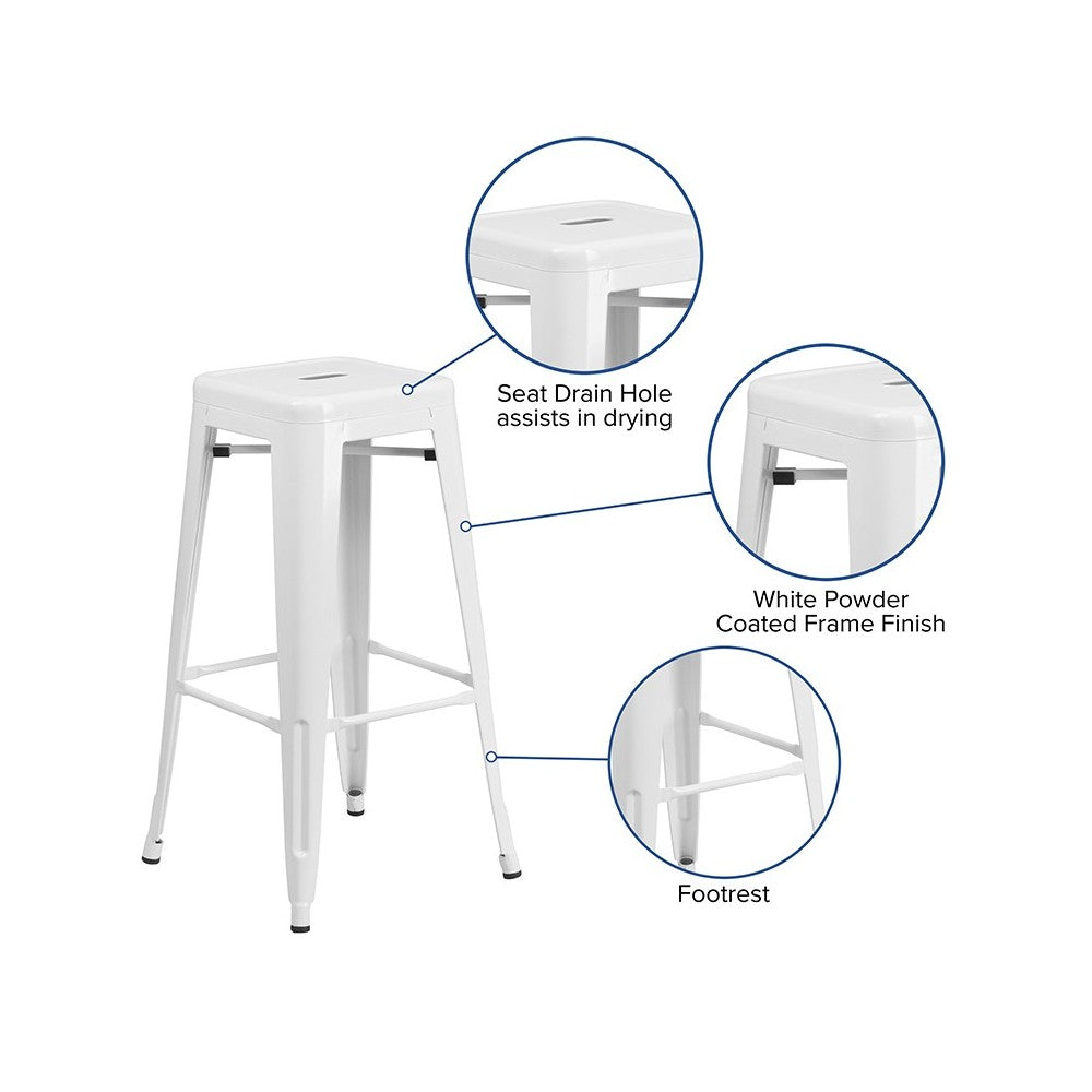 Commercial Grade 30" High Backless White Metal Indoor-Outdoor Barstool with Square Seat