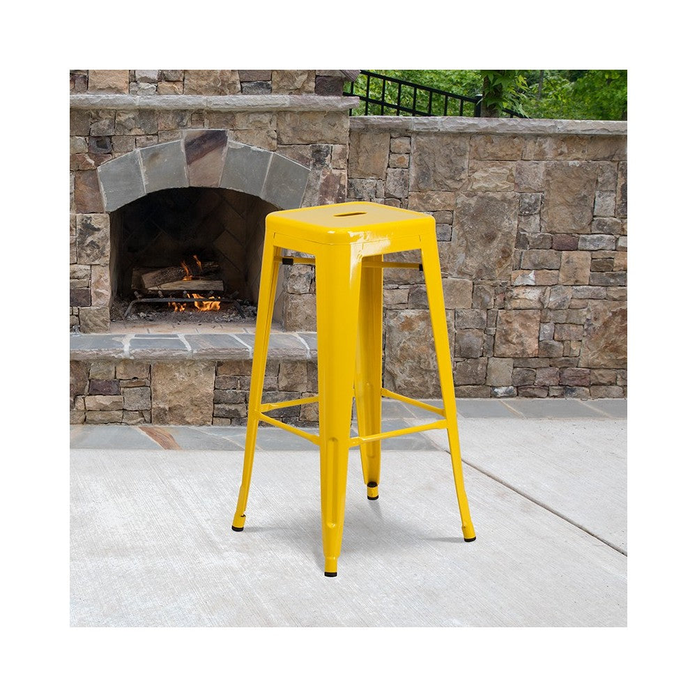 Commercial Grade 30" High Backless Yellow Metal Indoor-Outdoor Barstool with Square Seat