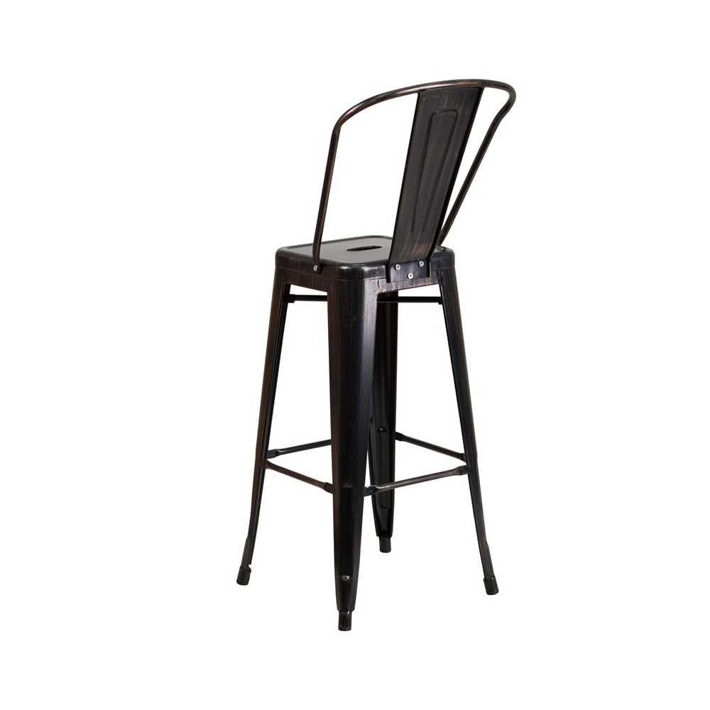 Commercial Grade 30" High Black-Antique Gold Metal Indoor-Outdoor Barstool with Removable Back