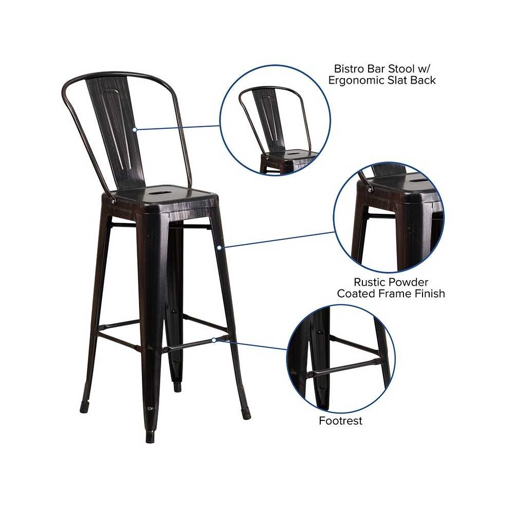 Commercial Grade 30" High Black-Antique Gold Metal Indoor-Outdoor Barstool with Removable Back