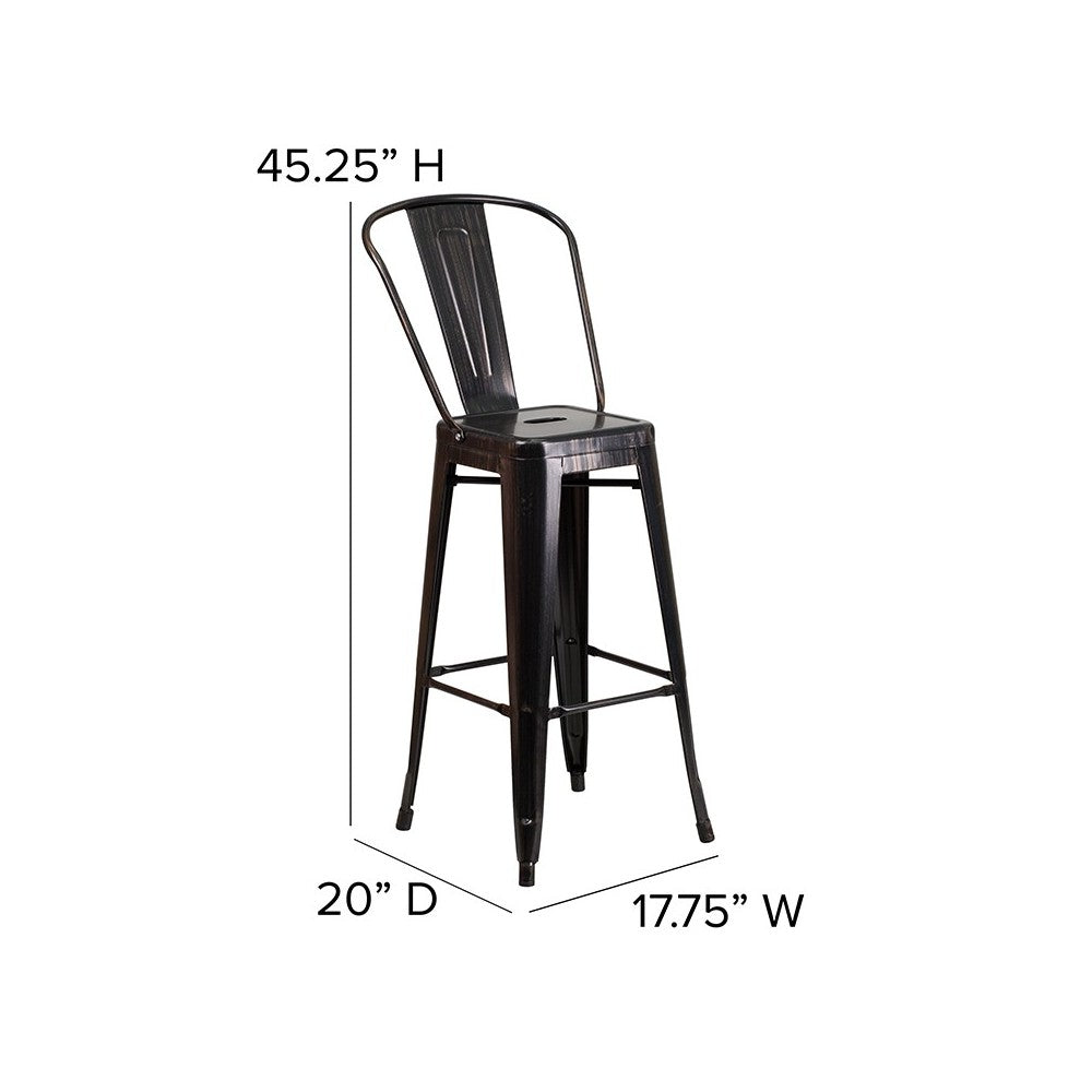 Commercial Grade 30" High Black-Antique Gold Metal Indoor-Outdoor Barstool with Removable Back