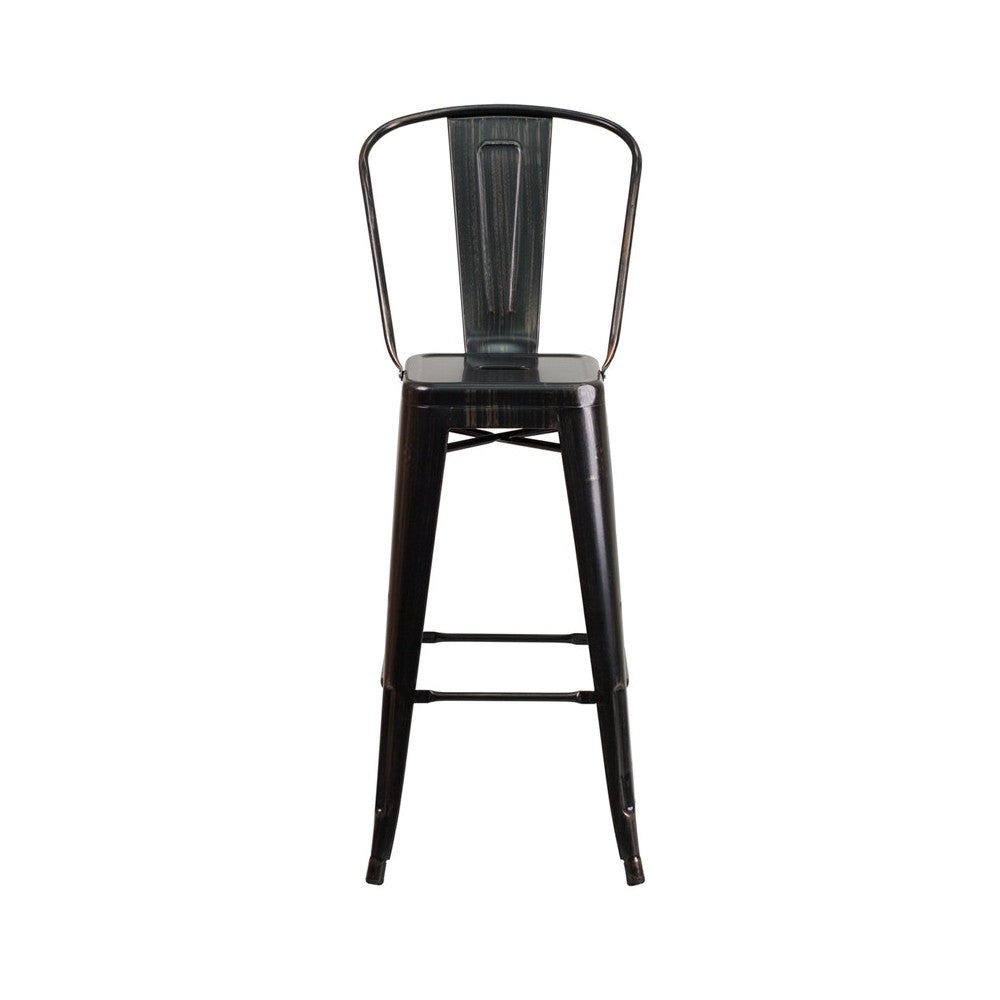 Commercial Grade 30" High Black-Antique Gold Metal Indoor-Outdoor Barstool with Removable Back