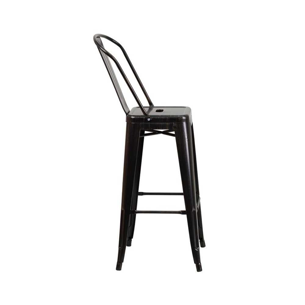 Commercial Grade 30" High Black-Antique Gold Metal Indoor-Outdoor Barstool with Removable Back
