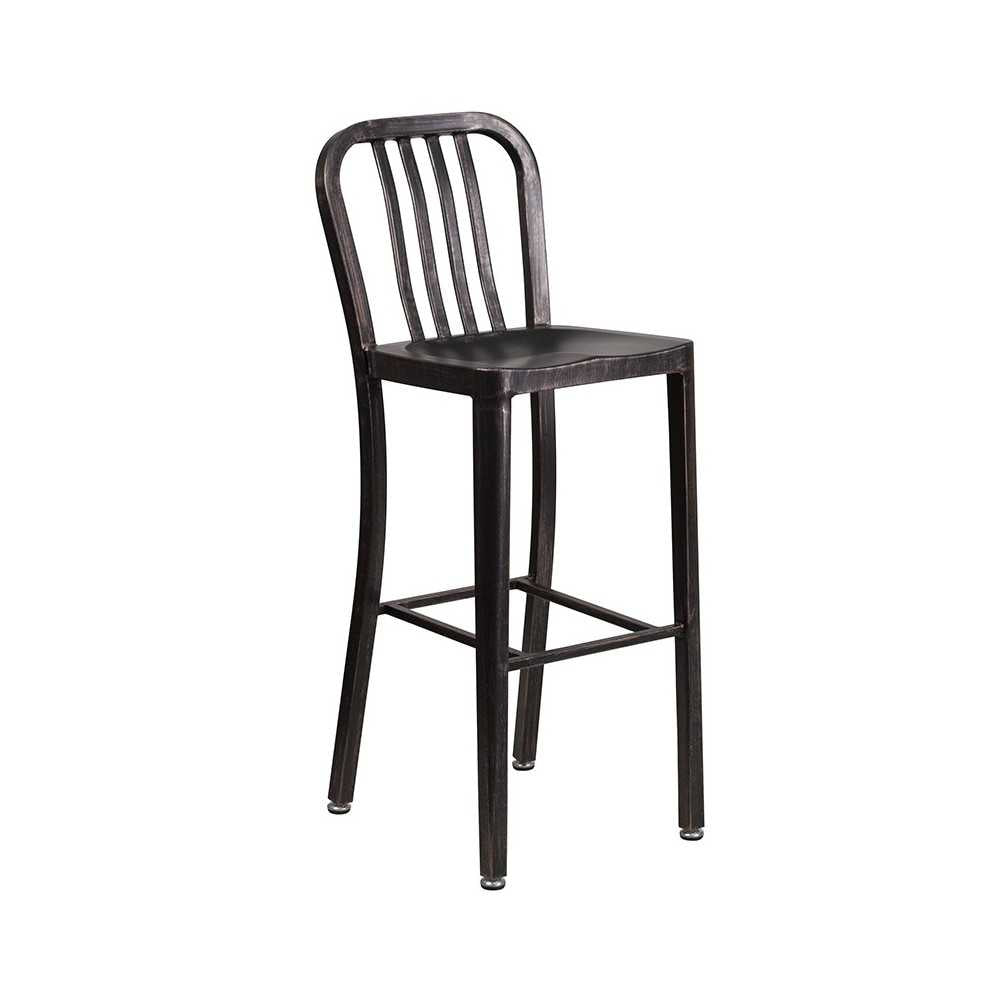 Commercial Grade 30" High Black-Antique Gold Metal Indoor-Outdoor Barstool with Vertical Slat Back