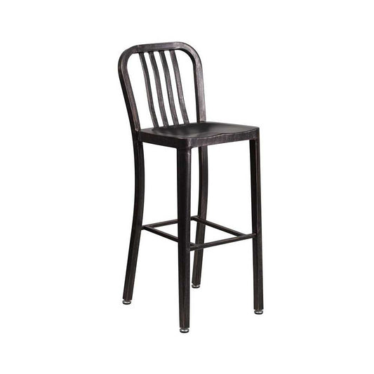 Commercial Grade 30" High Black-Antique Gold Metal Indoor-Outdoor Barstool with Vertical Slat Back