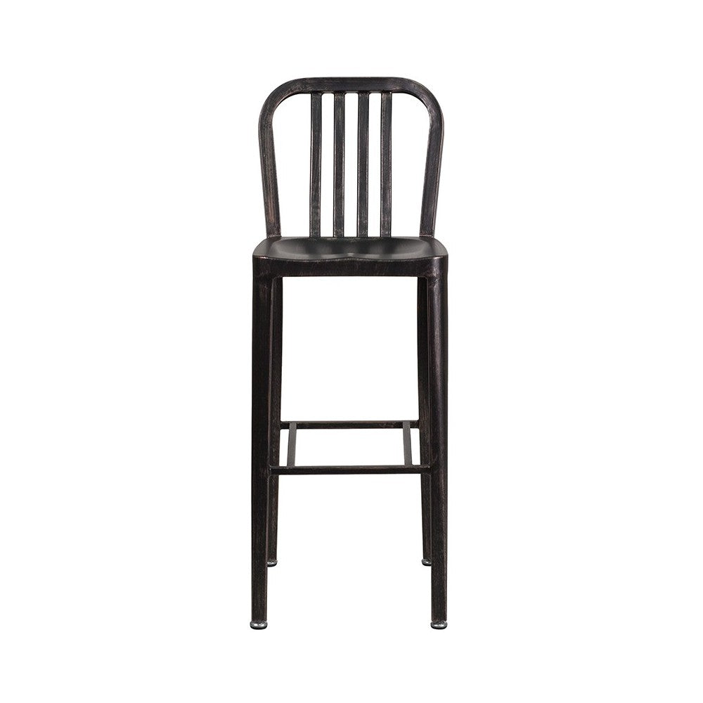 Commercial Grade 30" High Black-Antique Gold Metal Indoor-Outdoor Barstool with Vertical Slat Back