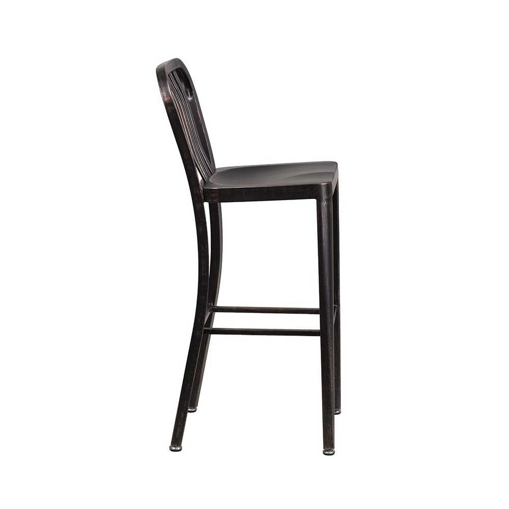 Commercial Grade 30" High Black-Antique Gold Metal Indoor-Outdoor Barstool with Vertical Slat Back