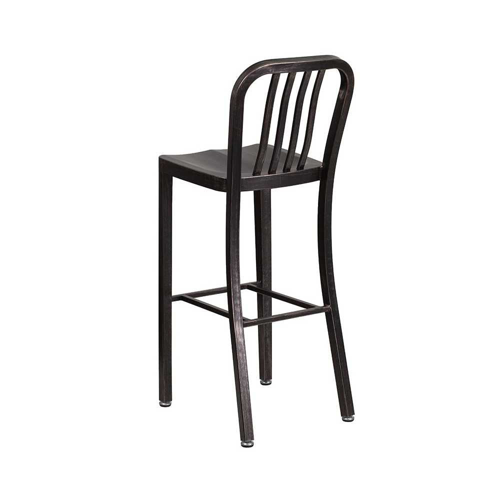 Commercial Grade 30" High Black-Antique Gold Metal Indoor-Outdoor Barstool with Vertical Slat Back