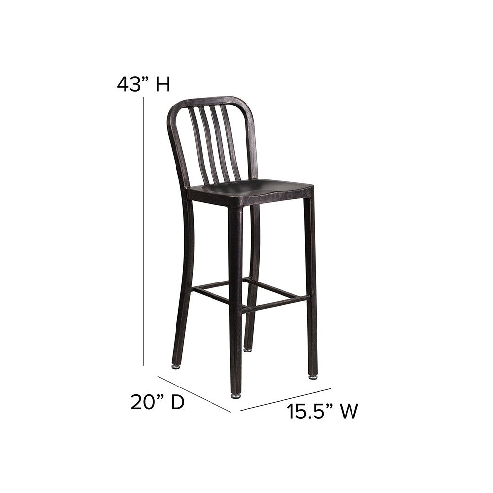 Commercial Grade 30" High Black-Antique Gold Metal Indoor-Outdoor Barstool with Vertical Slat Back