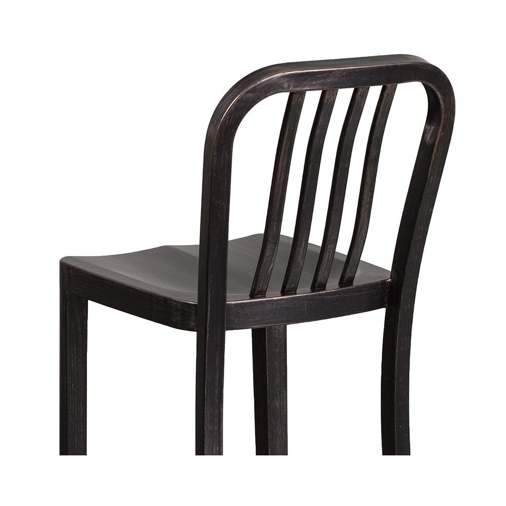 Commercial Grade 30" High Black-Antique Gold Metal Indoor-Outdoor Barstool with Vertical Slat Back