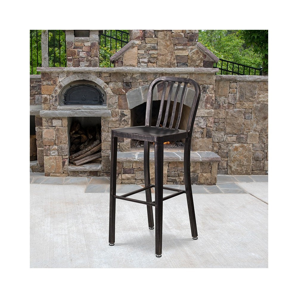 Commercial Grade 30" High Black-Antique Gold Metal Indoor-Outdoor Barstool with Vertical Slat Back