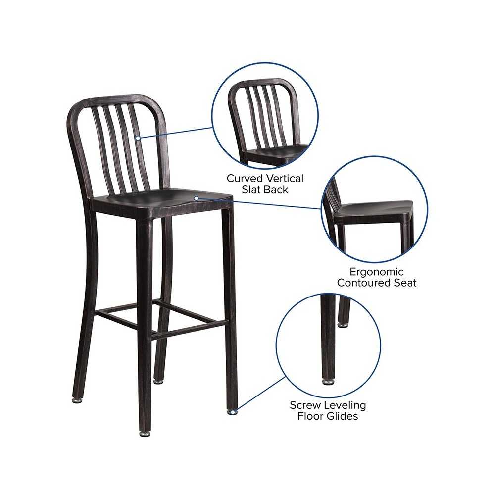 Commercial Grade 30" High Black-Antique Gold Metal Indoor-Outdoor Barstool with Vertical Slat Back
