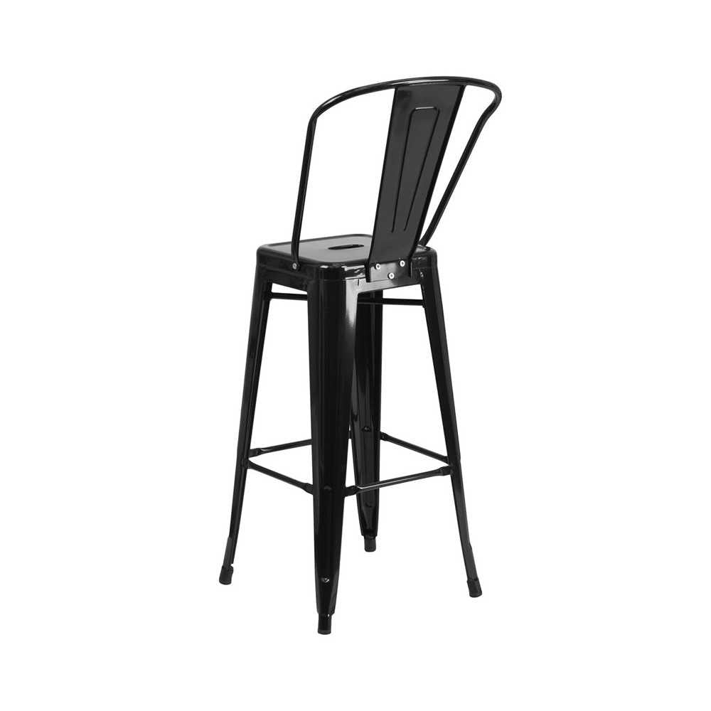 Commercial Grade 30" High Black Metal Indoor-Outdoor Barstool with Removable Back