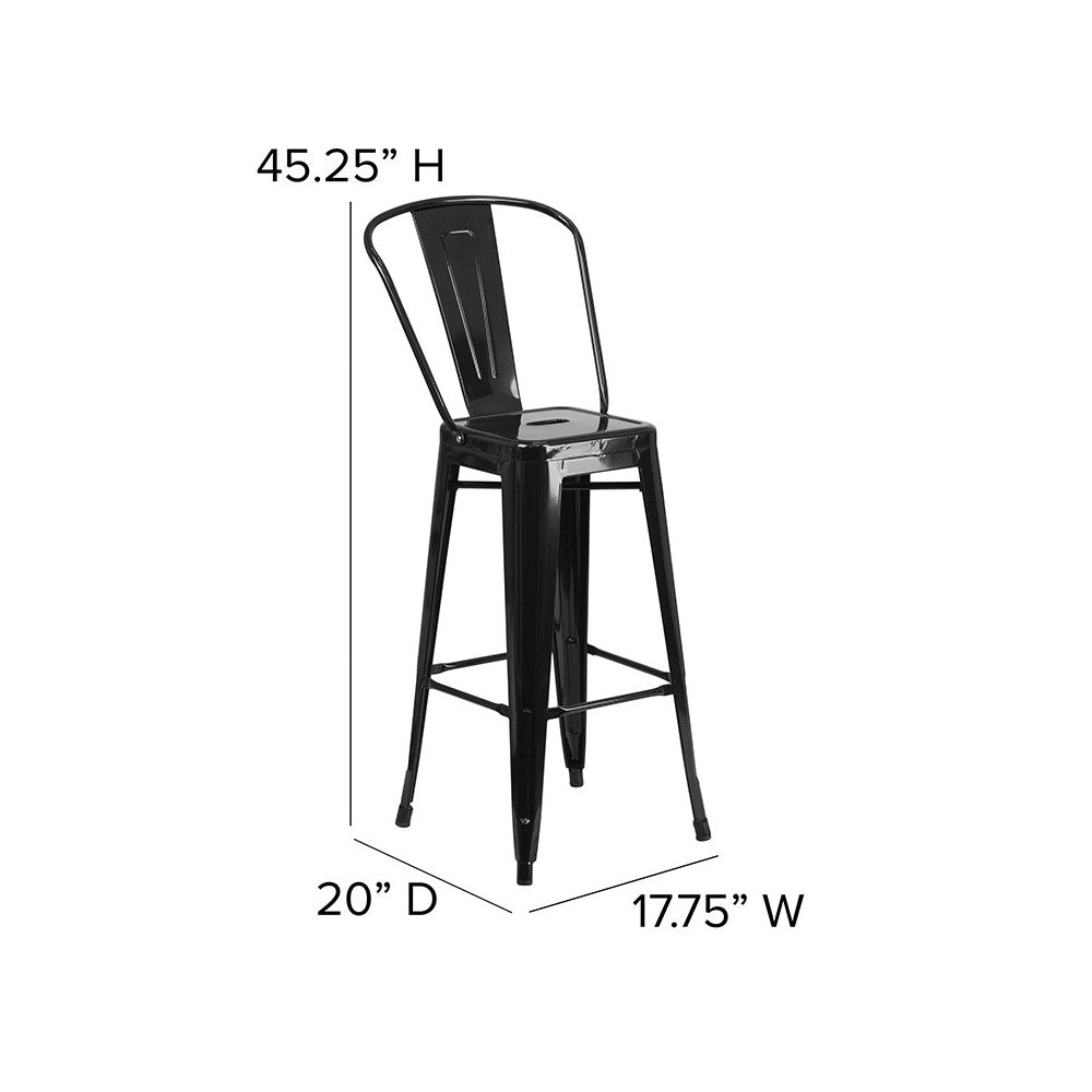 Commercial Grade 30" High Black Metal Indoor-Outdoor Barstool with Removable Back