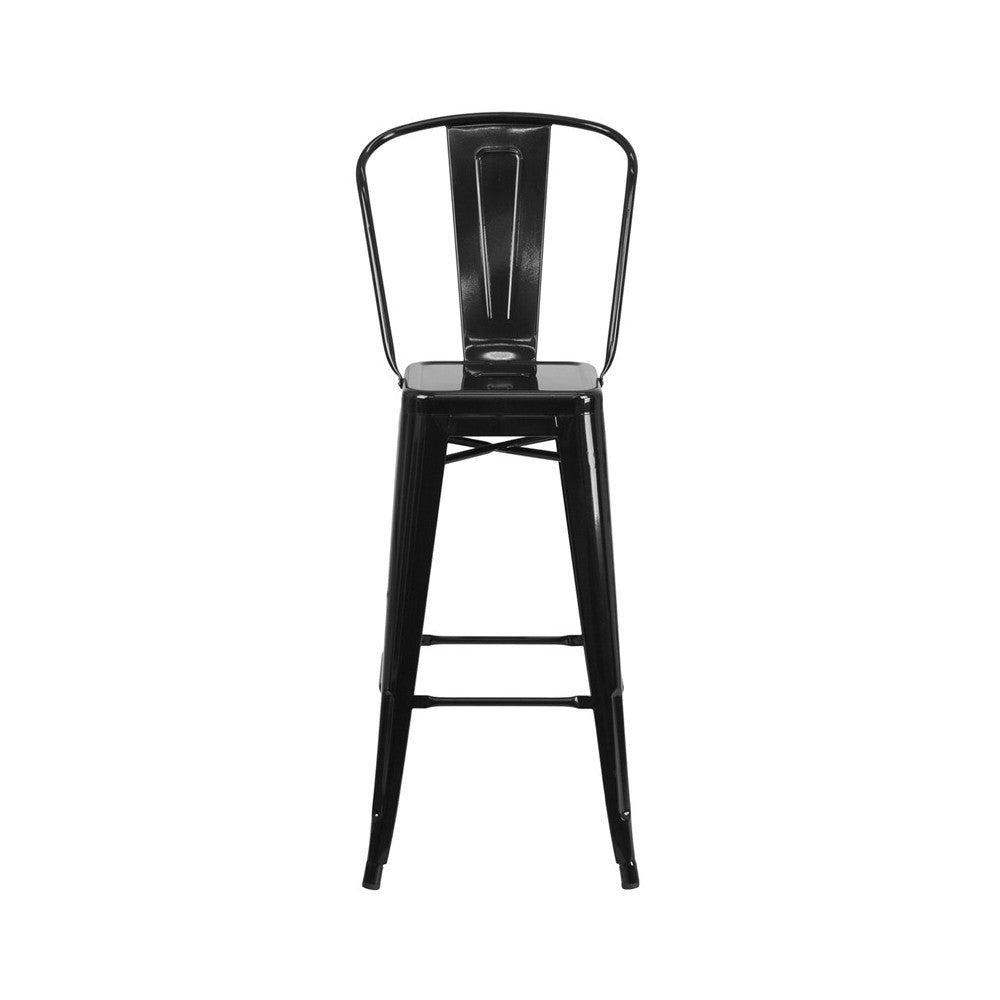 Commercial Grade 30" High Black Metal Indoor-Outdoor Barstool with Removable Back