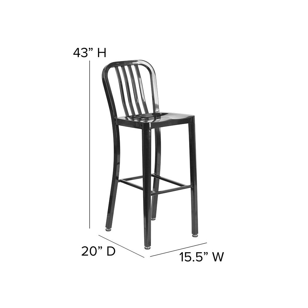 Commercial Grade 30" High Black Metal Indoor-Outdoor Barstool with Vertical Slat Back