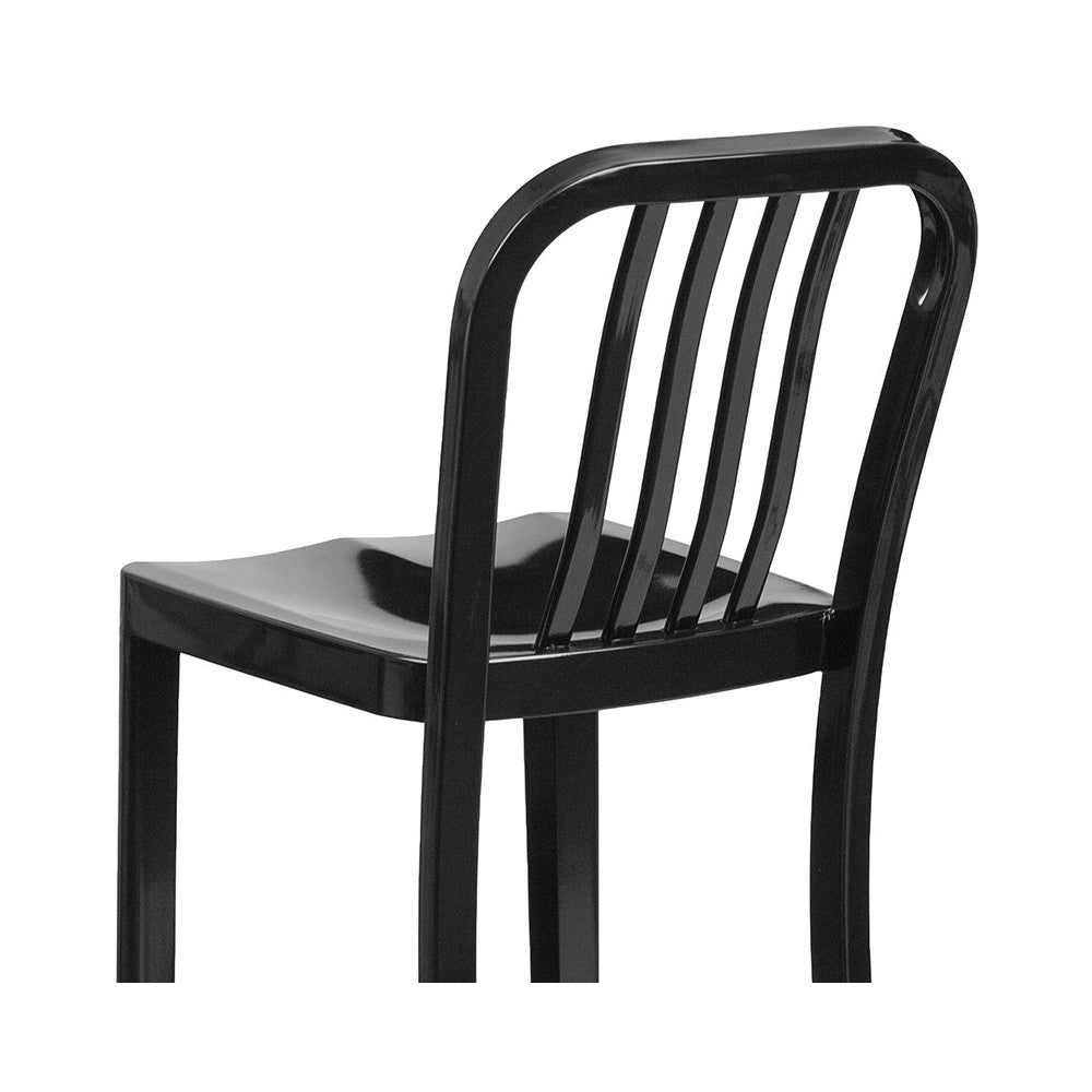 Commercial Grade 30" High Black Metal Indoor-Outdoor Barstool with Vertical Slat Back
