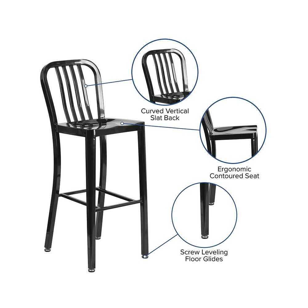 Commercial Grade 30" High Black Metal Indoor-Outdoor Barstool with Vertical Slat Back